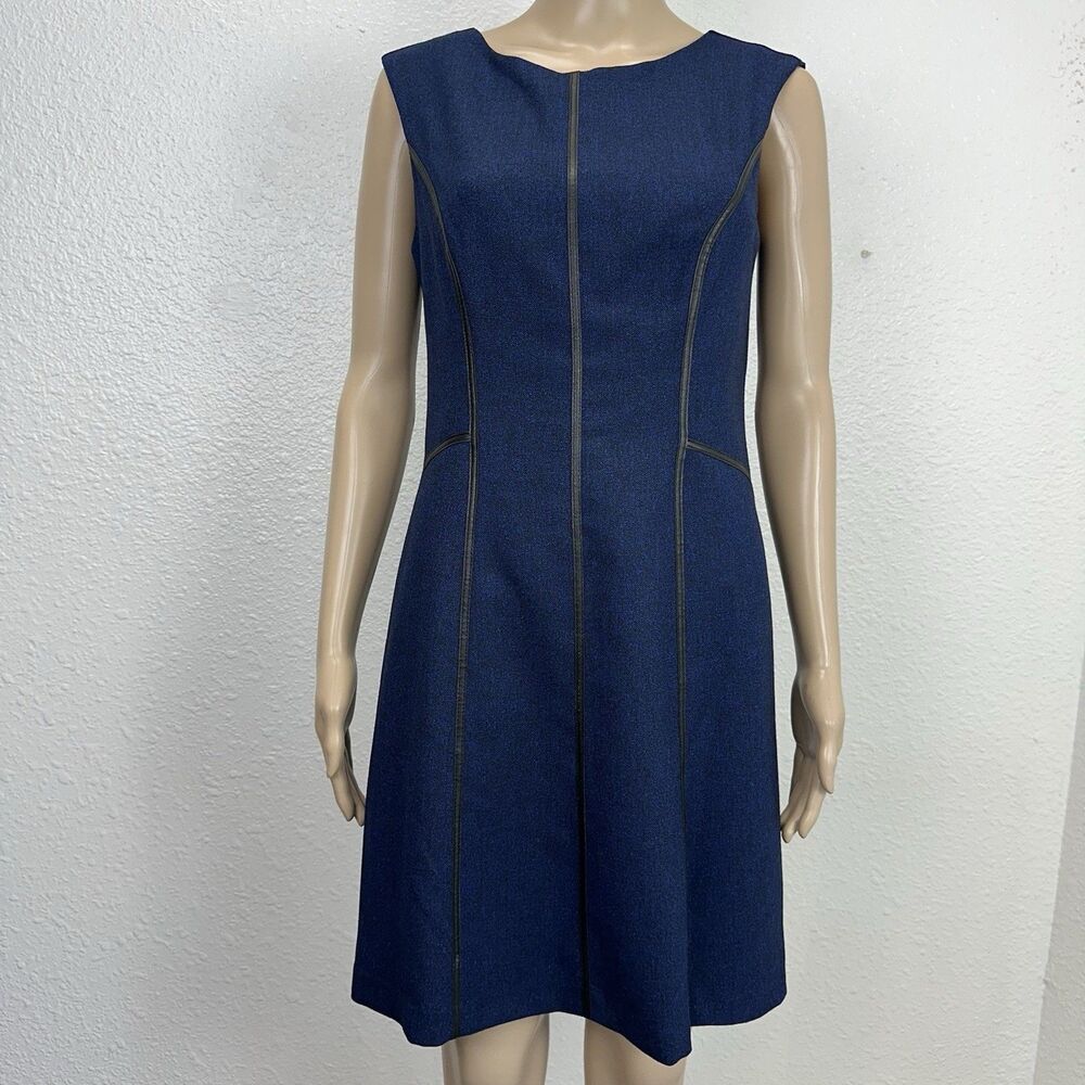 Andrew Mark black faux leather piping detail sheath dress herringbone blue 8P